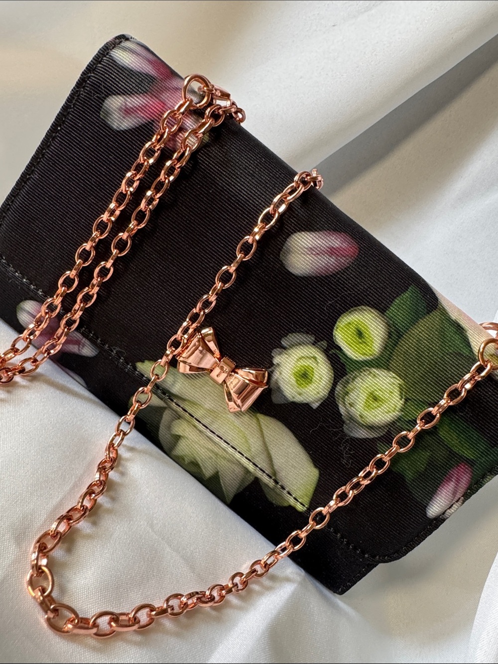 Ted Baker Black Floral Clutch with Rose Gold Bow & Chain